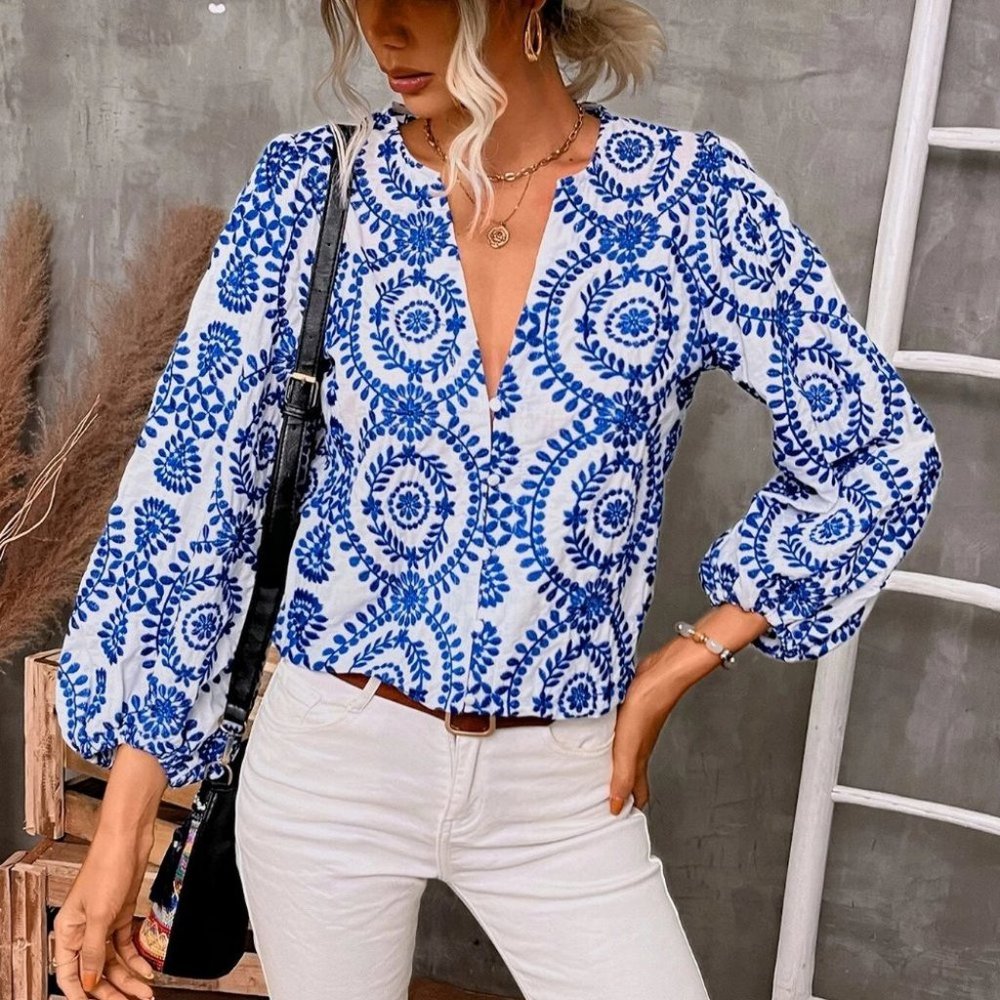 Blue and White Boho Womens Floral Print Lantern Sleeve Blouse - Picture 5 of 5